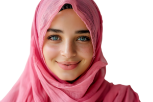 contento musulmano donna nel rosa hijab, allegramente sorrisi a telecamera, in posa su isolato trasparente sfondo png