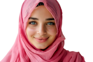 feliz muçulmano mulher dentro Rosa hijab, alegremente sorrisos às Câmera, posando em isolado transparente fundo png