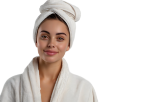 mujer en blanco bata de baño y toalla en cabeza en pie en aislado transparente antecedentes png