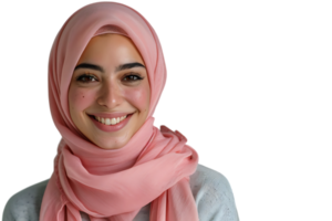 Happy Muslim woman in pink hijab, cheerfully smiles at camera, posing on isolated transparent background png