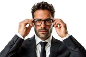 Intelligent business man wearing black suit holding his spectacles, on isolated transparent background png