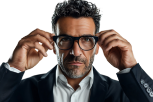 Intelligent business man wearing black suit holding his spectacles, on isolated transparent background png