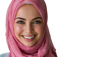 feliz muçulmano mulher dentro Rosa hijab, alegremente sorrisos às Câmera, posando em isolado transparente fundo png