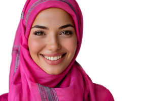 feliz muçulmano mulher dentro Rosa hijab, alegremente sorrisos às Câmera, posando em isolado transparente fundo png