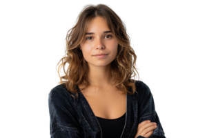 Portrait of young European woman standing with crossed arms on isolated transparent background png