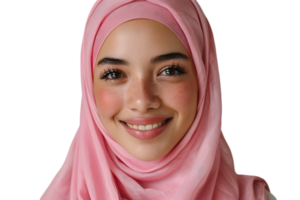 Happy Muslim woman in pink hijab, cheerfully smiles at camera, posing on isolated transparent background png