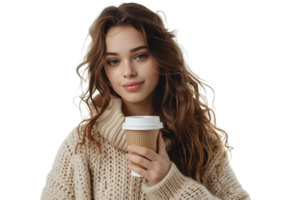 European woman in beige pullover standing with coffee cup on isolated transparent background png