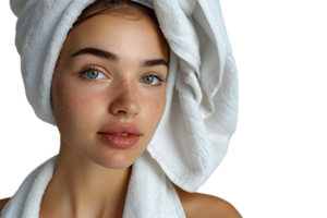 mulher dentro branco roupão de banho e toalha em cabeça em pé em isolado transparente fundo png