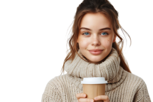 European woman in beige pullover standing with coffee cup on isolated transparent background png