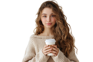 European woman in beige pullover standing with coffee cup on isolated transparent background png