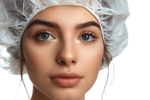 Close up of female wearing medical cap, getting ready for filler injection on isolated transparent background png