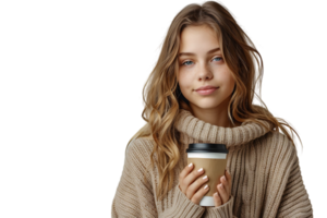 European woman in beige pullover standing with coffee cup on isolated transparent background png