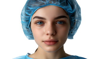 Close up of female wearing medical cap, getting ready for filler injection on isolated transparent background png