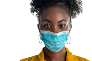 Brazilian woman wears protective mask against Covid on isolated transparent background png