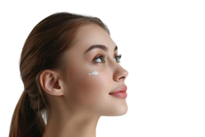Beautiful woman applying makeup on face on isolated transparent background png