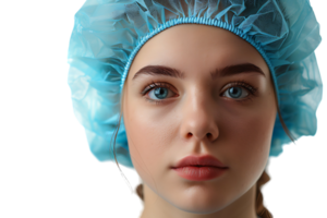 Close up of female wearing medical cap, getting ready for filler injection on isolated transparent background png