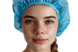 Close up of female wearing medical cap, getting ready for filler injection on isolated transparent background png