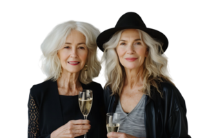 Stylish senior females standing together holding glasses of champagne on isolated transparent background png