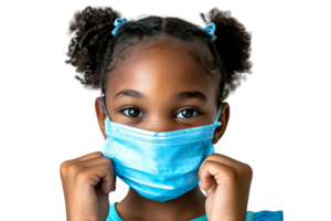 African school girl taking off face mask after the end of pandemic on isolated transparent background png