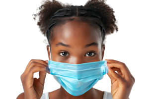 African school girl taking off face mask after the end of pandemic on isolated transparent background png