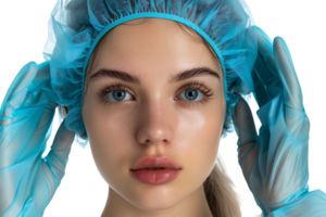 Close up of female wearing medical cap, getting ready for filler injection on isolated transparent background png