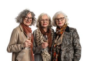 Stylish senior females standing together holding glasses of champagne on isolated transparent background png