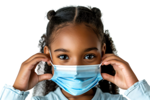 afrikanisch Schule Mädchen nehmen aus Gesicht Maske nach das Ende von Pandemie auf isoliert transparent Hintergrund png