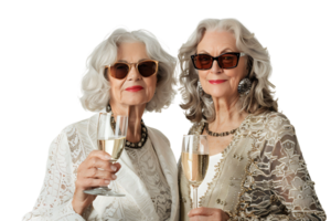 Stylish senior females standing together holding glasses of champagne on isolated transparent background png