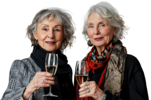 Stylish senior females standing together holding glasses of champagne on isolated transparent background png