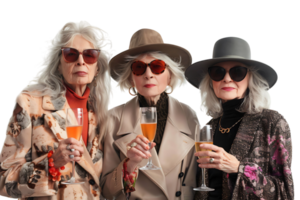 Stylish senior females standing together holding glasses of champagne on isolated transparent background png