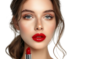 Close-up portrait of elegant woman with red lips holding lipstick on isolated transparent background png