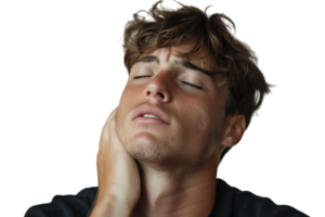 Man with painful expression rubs his neck on isolated transparent background png