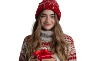 Happy young woman with Christmas gift on isolated transparent background png