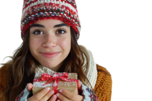 contento joven mujer con Navidad regalo en aislado transparente antecedentes png