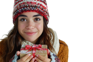 Happy young woman with Christmas gift on isolated transparent background png