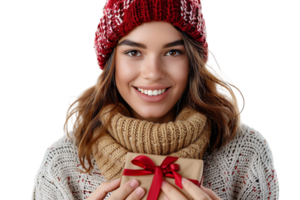 Happy young woman with Christmas gift on isolated transparent background png