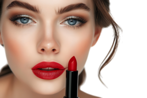 Nahansicht Porträt von elegant Frau mit rot Lippen halten Lippenstift auf isoliert transparent Hintergrund png