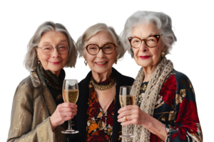 Stylish senior females standing together holding glasses of champagne on isolated transparent background png