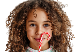 Amusing cute curly girl making funny face using candy cane on isolated transparent background png