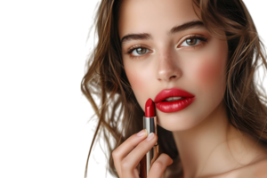 Close-up portrait of elegant woman with red lips holding lipstick on isolated transparent background png