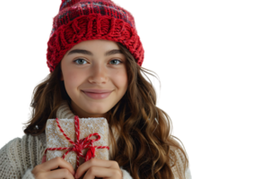 Happy young woman with Christmas gift on isolated transparent background png