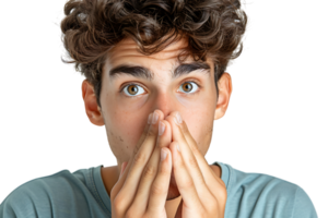 Close up portrait of young man holding his nose as if smelling something on isolated transparent background png