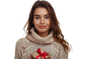 Happy young woman with Christmas gift on isolated transparent background png