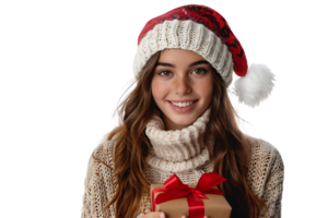 Happy young woman with Christmas gift on isolated transparent background png