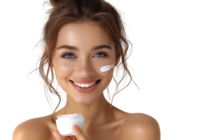 Concept of female beauty treatment. Young smiling beautiful woman on isolated transparent background png