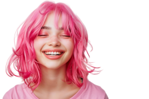 Close-up portrait of young girl wearing pink wig and shirt on isolated transparent background png