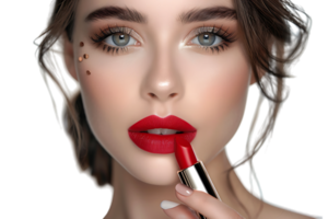 Close-up portrait of elegant woman with red lips holding lipstick on isolated transparent background png