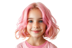 Close-up portrait of young girl wearing pink wig and shirt on isolated transparent background png