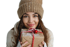 glücklich jung Frau mit Weihnachten Geschenk auf isoliert transparent Hintergrund png