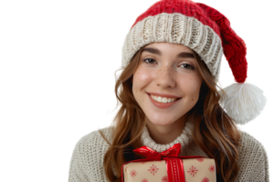 Happy young woman with Christmas gift on isolated transparent background png